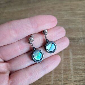 Hand made Hematite and Abalone shell dangling earrings w/silver studs.